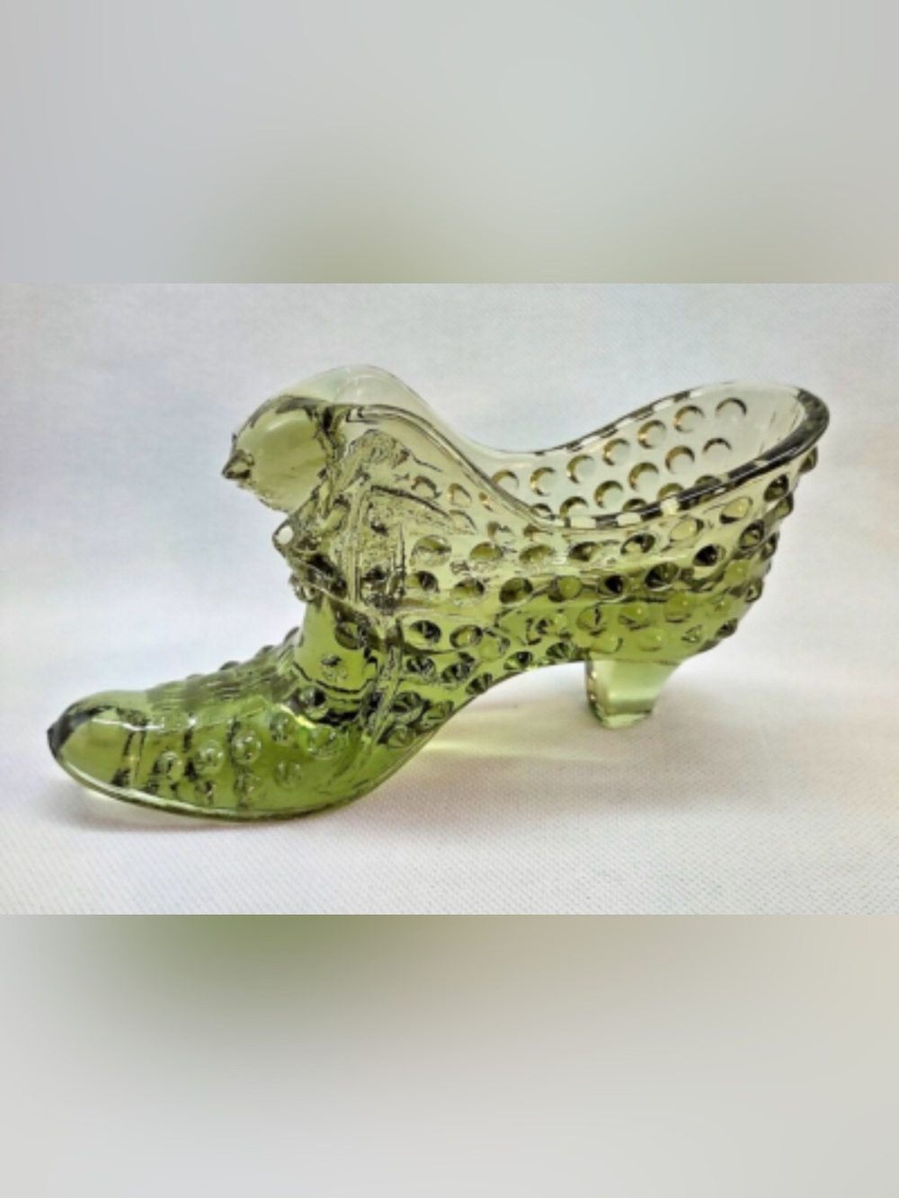 Vintage Fenton Green Hobnail Glass Slipper Shoe w/lion head